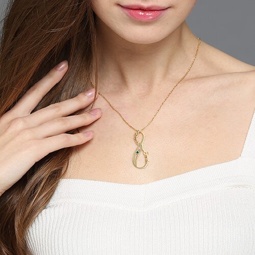 Vertical Infinity Name Necklace with Birthstones 18ct Gold 