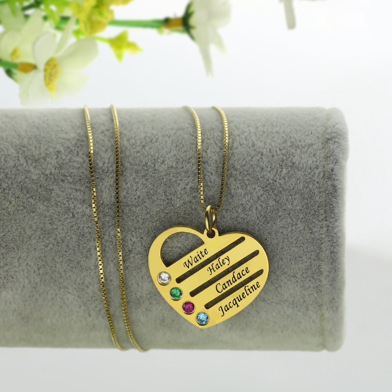 18ct Gold Mothers Birthstone Heart Necklace Engraved Names 