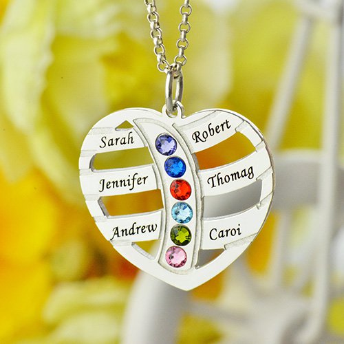 Moms Necklace With Kids Name  Birthstone In Sterling Silver 