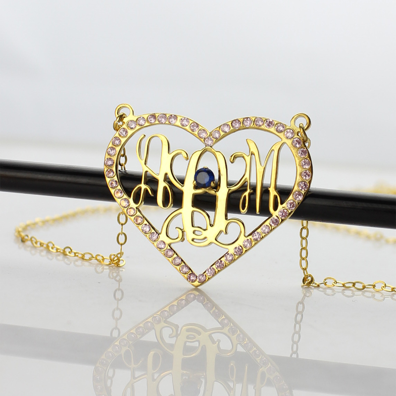 Birthstone Heart Monogram Necklace 18ct Gold 