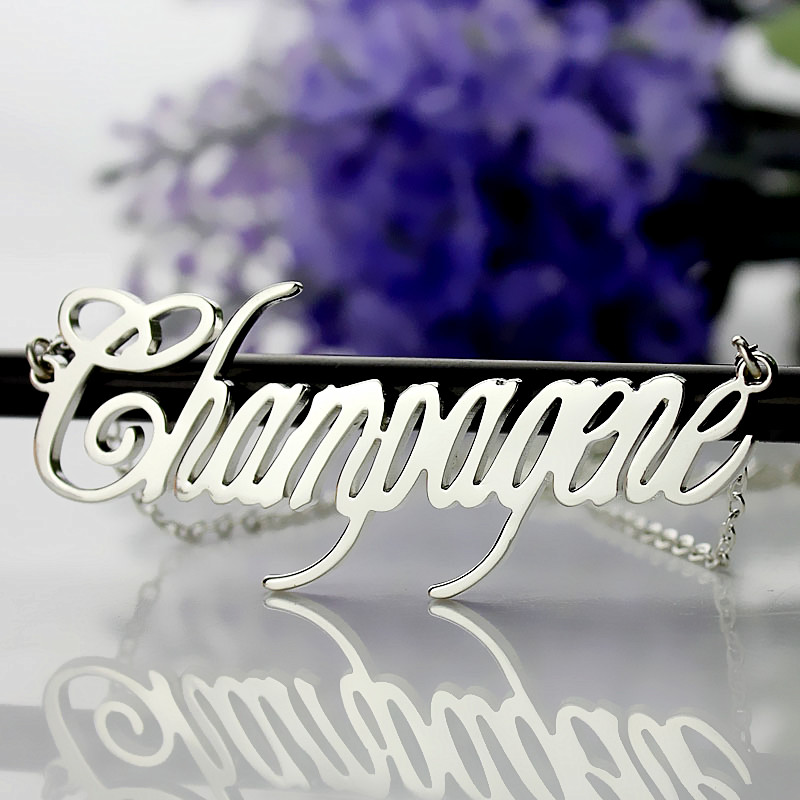 Solid White Gold Personalized Champagne Font Name Necklace