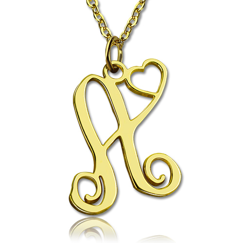 Personalized One Initial With Heart Monogram Necklace in 18ct Solid Gold