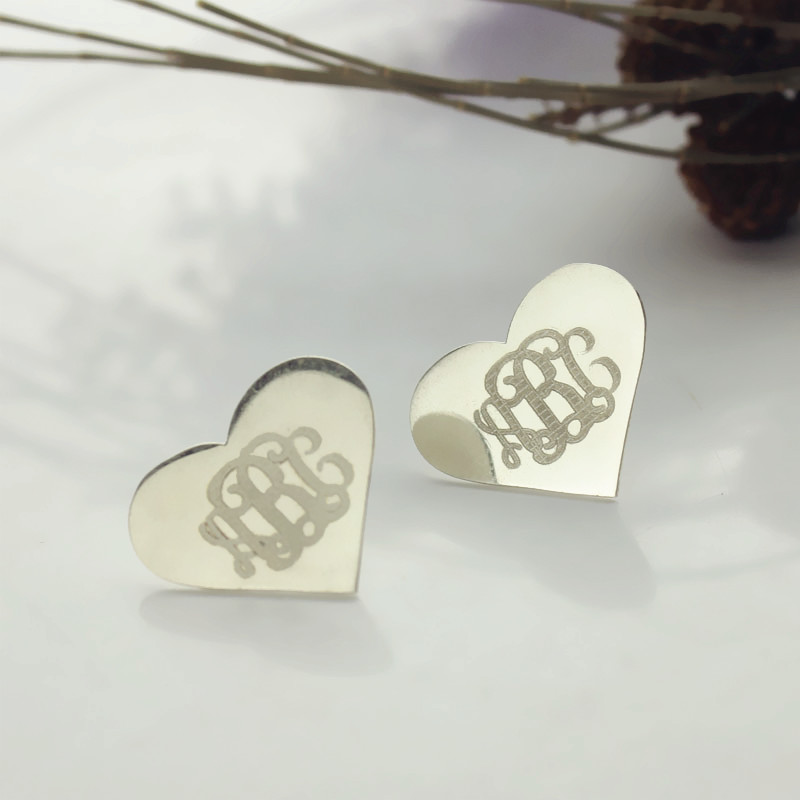 Heart Monogram Earrings Studs Cusotm 18ct White Gold Plated